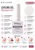nfografía en español del gel nivelador NAILSUP Leveling Russian Gel Milky con sus características y pasos de aplicación.
