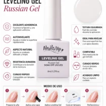nfografía en español del gel nivelador NAILSUP Leveling Russian Gel Milky con sus características y pasos de aplicación.