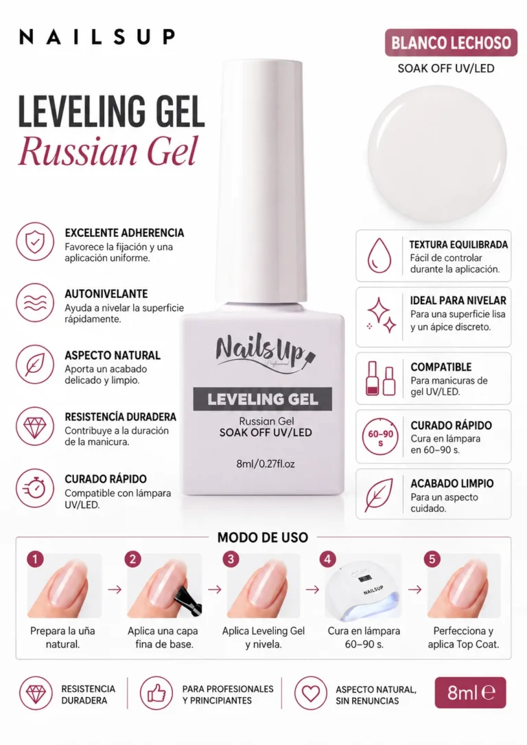 nfografía en español del gel nivelador NAILSUP Leveling Russian Gel Milky con sus características y pasos de aplicación.