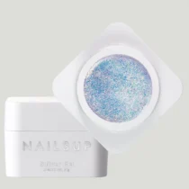 Tarro abierto de Builder Gel NAILSUP Shine Up 13 de 30 g, con gel azul claro y glitter iridiscente, junto a su tapa blanca.
