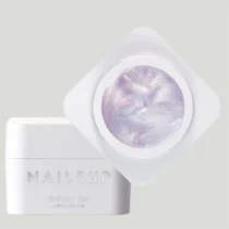 Tarro abierto de Builder Gel NAILSUP Shine Up 02 de 30 g, con gel de efecto perlado y reflejos lilas, junto a su tapa blanca.