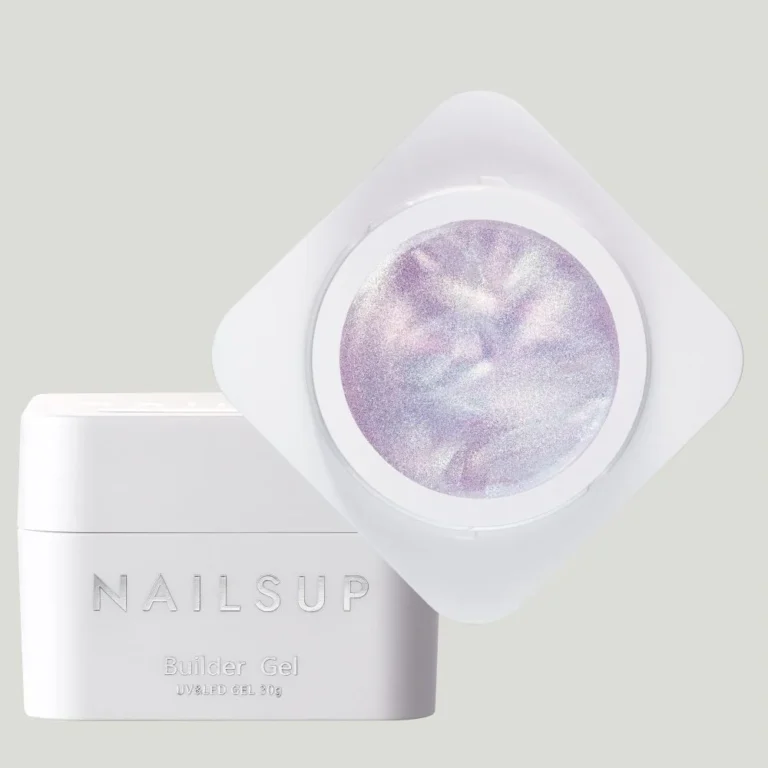 Tarro abierto de Builder Gel NAILSUP Shine Up 02 de 30 g, con gel de efecto perlado y reflejos lilas, junto a su tapa blanca.
