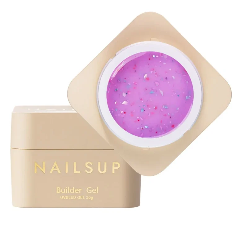 Tarro abierto de Builder Gel NAILSUP Nova 013 de 30 g, con gel rosa lila y partículas multicolores, junto a su tapa beige.