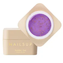 Tarro abierto de Builder Gel NAILSUP Nova 014 de 30 g, con gel violeta y partículas doradas, junto a su tapa beige.
