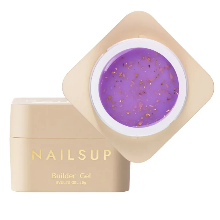 Tarro abierto de Builder Gel NAILSUP Nova 014 de 30 g, con gel violeta y partículas doradas, junto a su tapa beige.