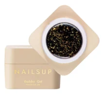 Tarro abierto de Builder Gel NAILSUP Nova 020 de 30 g, con gel negro y partículas doradas, junto a su tapa beige.