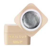 Tarro abierto de gel de pintura NAILSUP Metallic Artistic Silver de 5 g, con acabado plateado metálico, junto a su tapa beige.