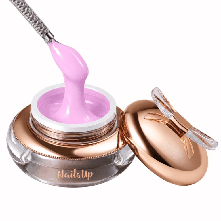 Tarro abierto de gel de construcción NAILSUP B29 Bubblegum de 15 g con gel rosa sobre una espátula
