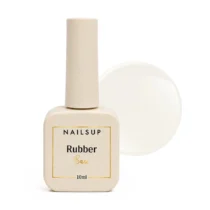Frasco de Rubber Base NAILSUP Nova N01 Milky White de 10 ml junto a una muestra de color blanco lechoso
