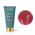 Tubo de Polygel NAILSUP Supreme 017 junto a una muestra de color rojo oscuro con acabado brillante.